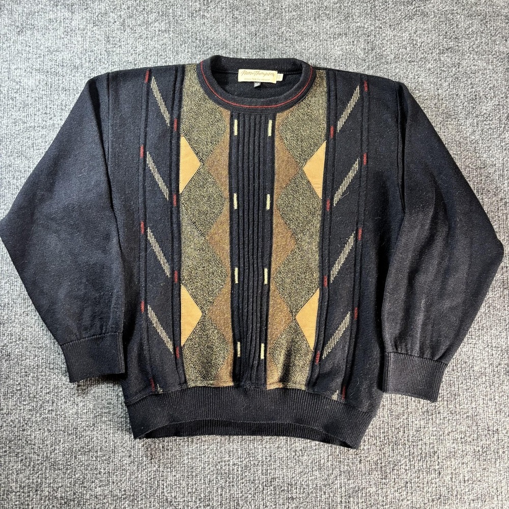 Norm Thompson Sweater Mens Medium Black Argyle Knit Crewneck Pullover Canada
